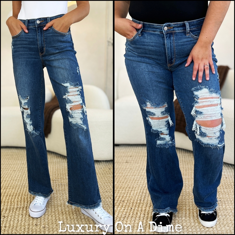 Mid-Rise Distressed Torn Mom Jeans Straight Leg Raw Hem Denim Pants Judy Blue - Picture 14 of 16